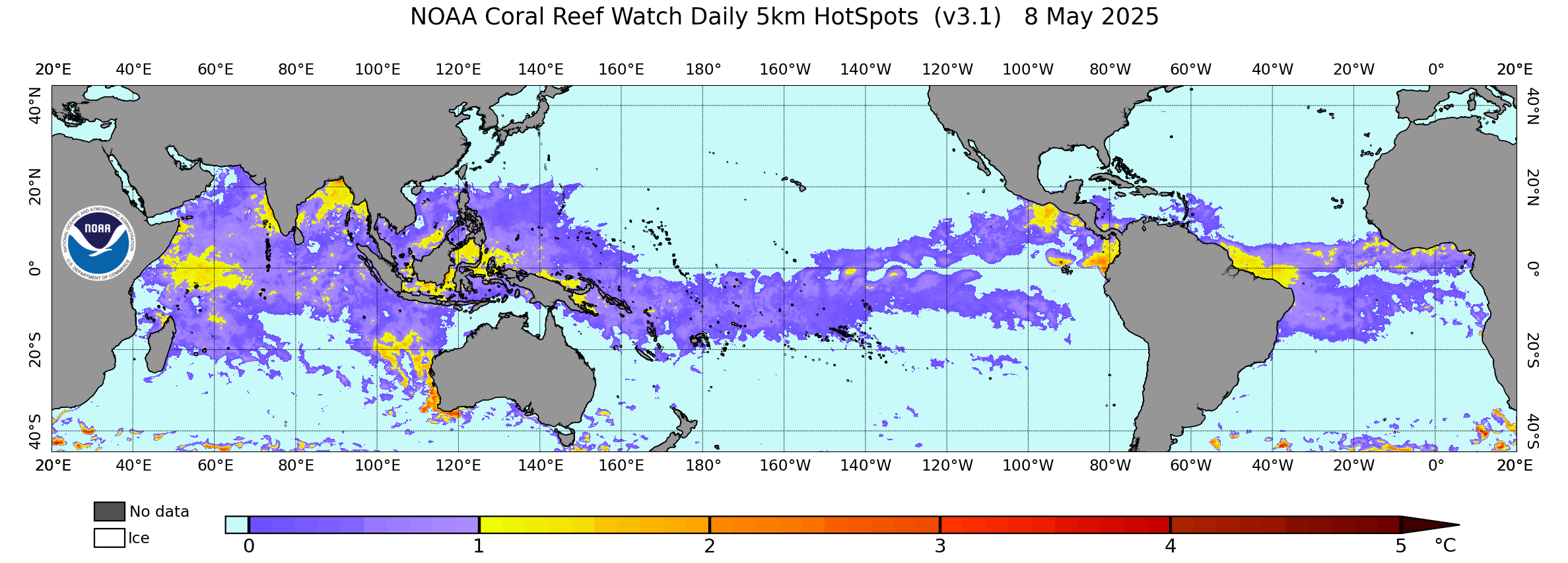 Current daily global 5km Coral Bleaching HotSpot image