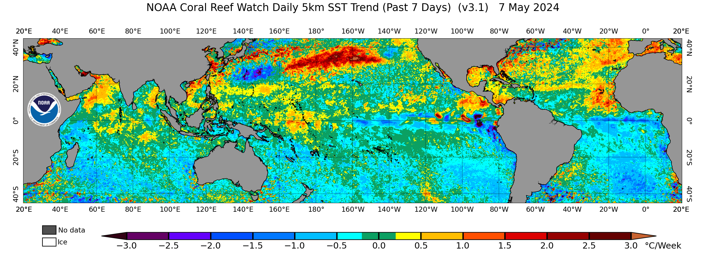 Current daily global 5km 7-Day Sea Surface Temperature Trend image