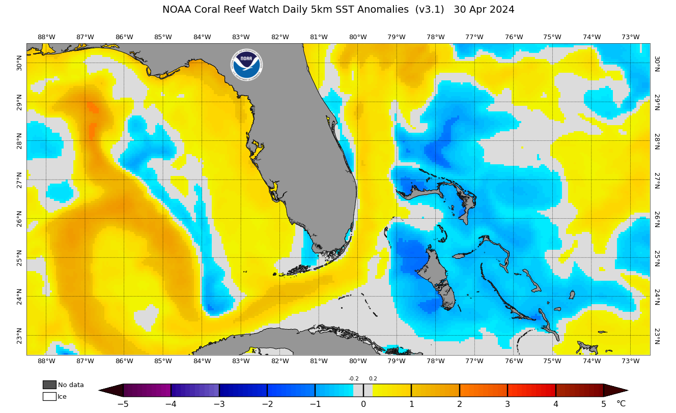 SSTA map - Sea Surface Temperature Anomalies. Zone: Florida