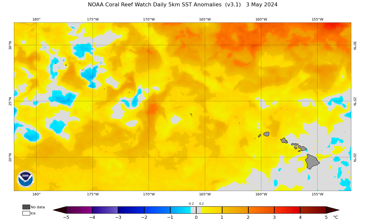 SSTA map - Sea Surface Temperature Anomalies. Zone: Hawaii