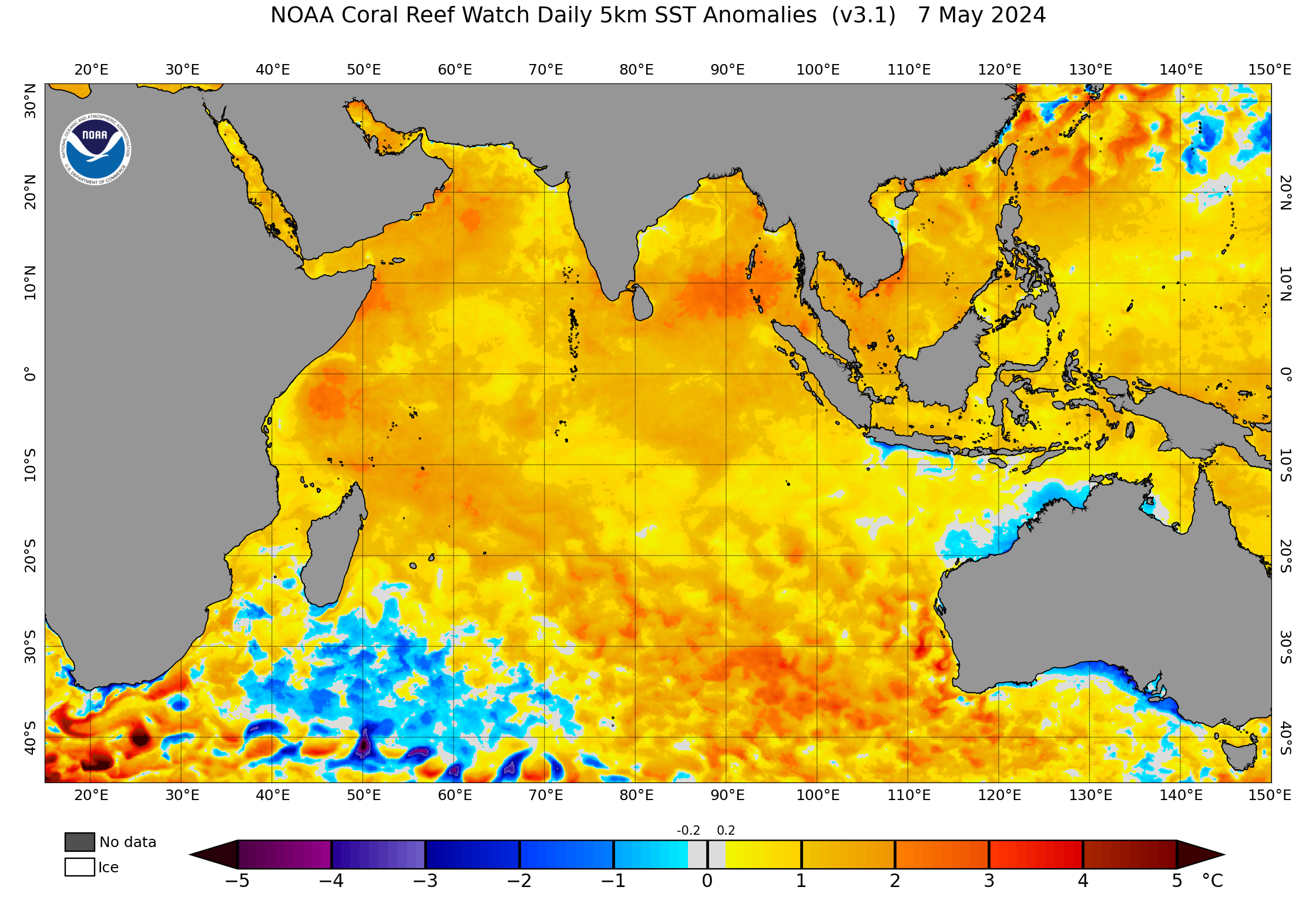 SSTA map - Sea Surface Temperature Anomalies. Zone: Indian Ocean 