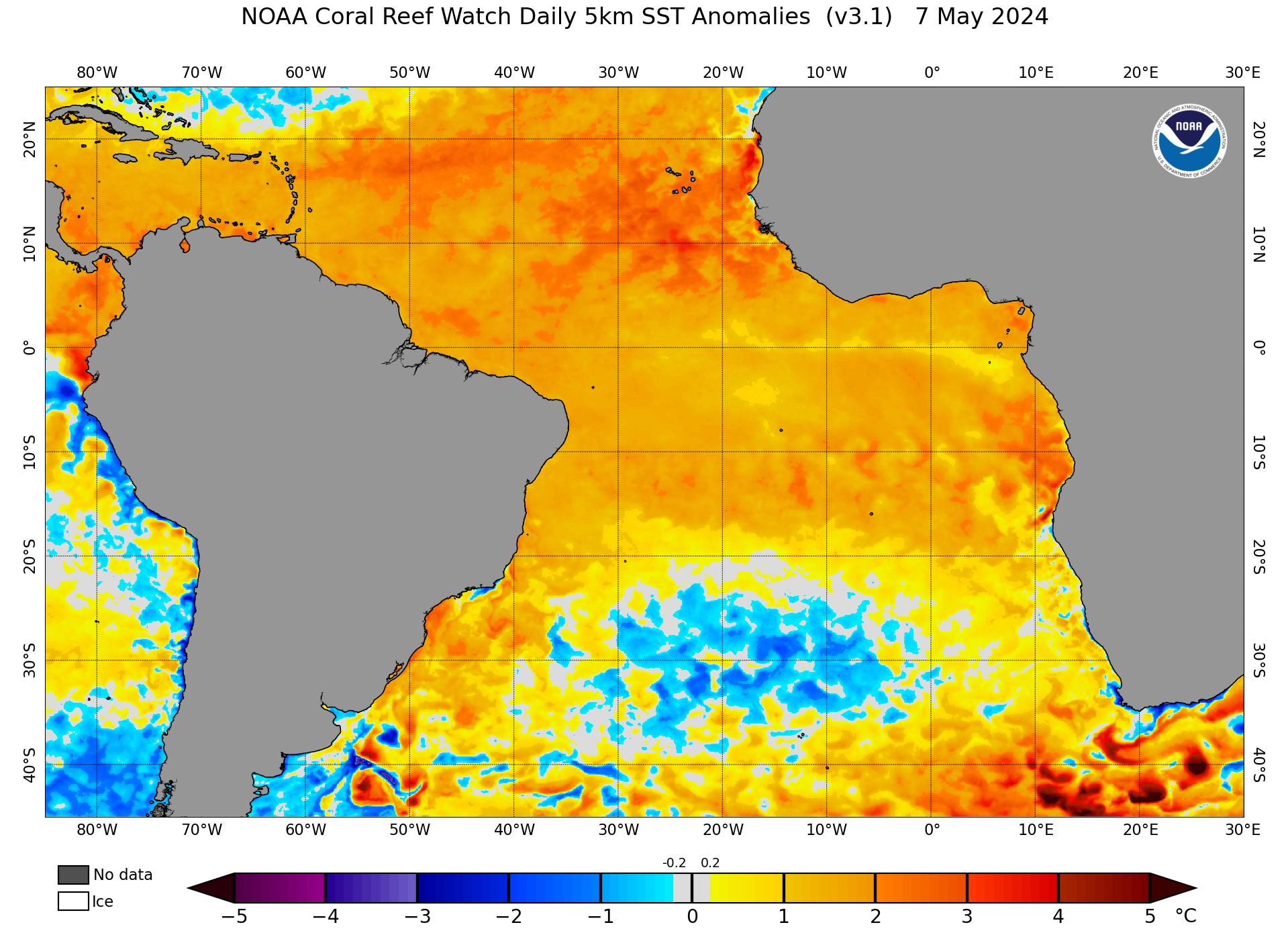 SSTA map - Sea Surface Temperature Anomalies. Zone: South Atlantic