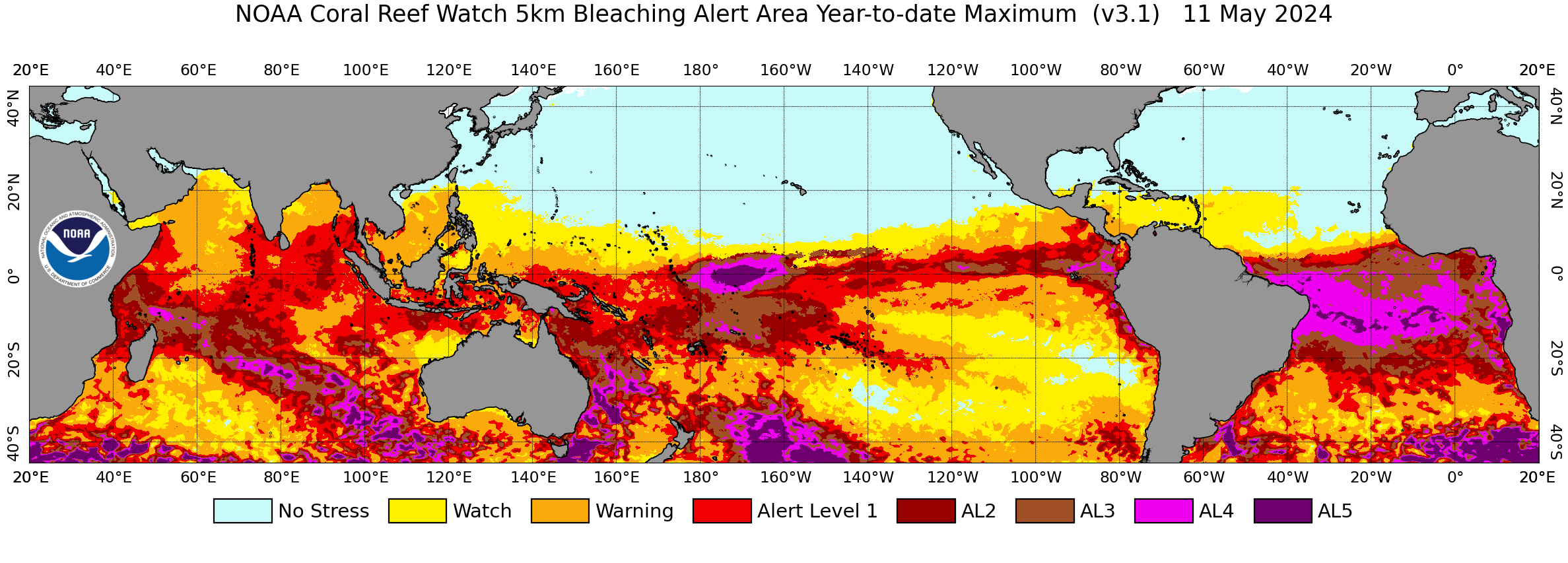 Global Year-to-date 5-km Coral Bleaching Heat Stress Alert Area image