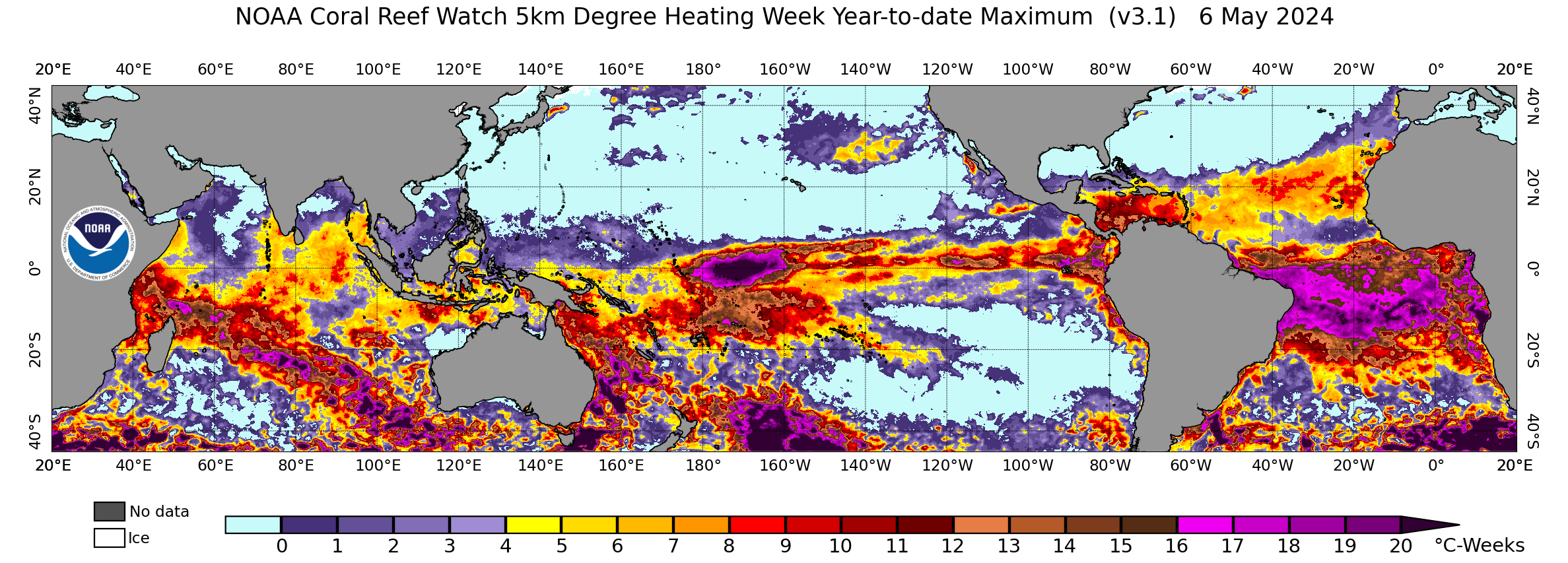 Global Year-to-date 5-km Coral Bleaching Heat Stress Degree Heating Week image