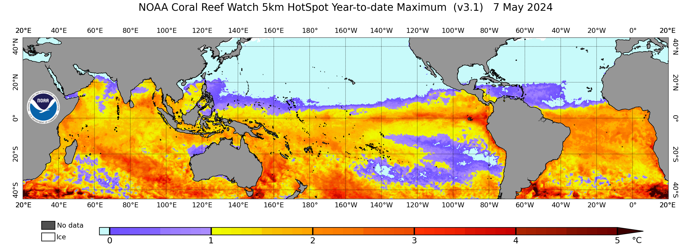 Global Year-to-date 5-km Coral Bleaching Heat Stress HotSpot image