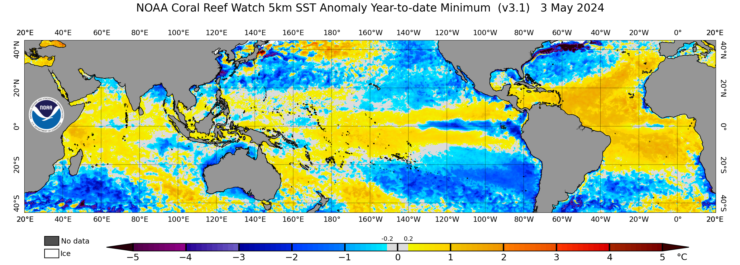 Global Year-to-date Minimum 5-km Satellite Sea Surface Temperature Anomaly image