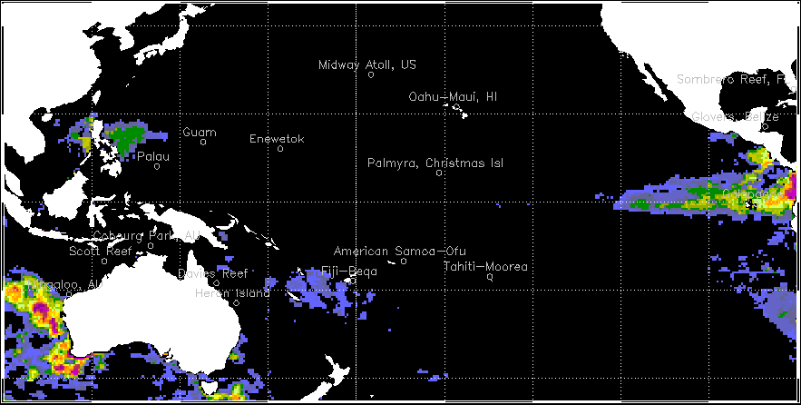 Sample 50 km Coral Bleaching Degree Heating Week image for Pacific Ocean