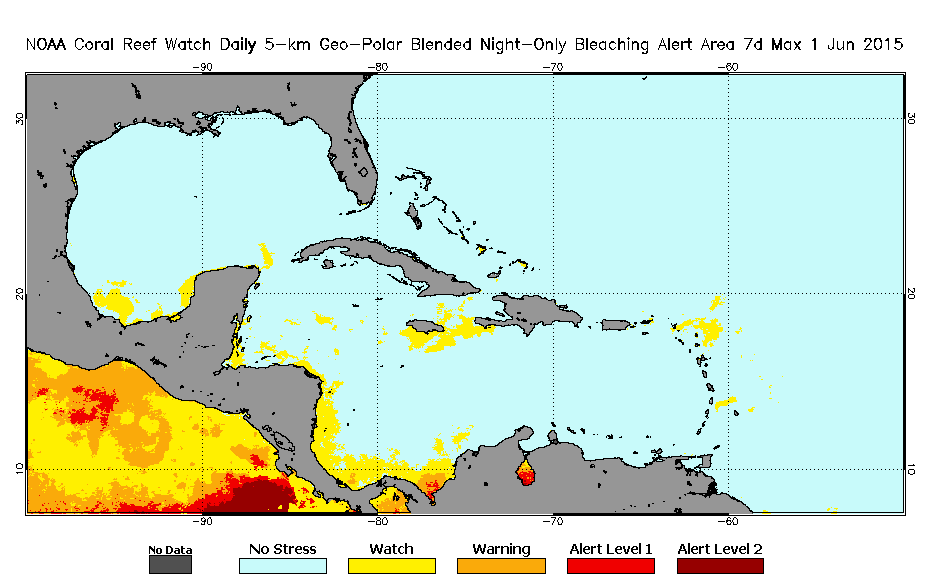 2015 June 01 Bleaching Alert Area Map - Caribbean