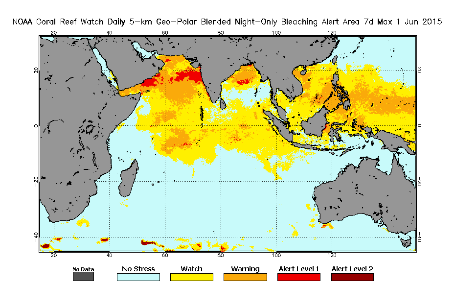 2015 June 01 Bleaching Alert Area Map - Indian Ocean
