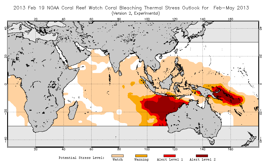 2013 February 19 coral bleaching thermal stress outlook (LIM-based)