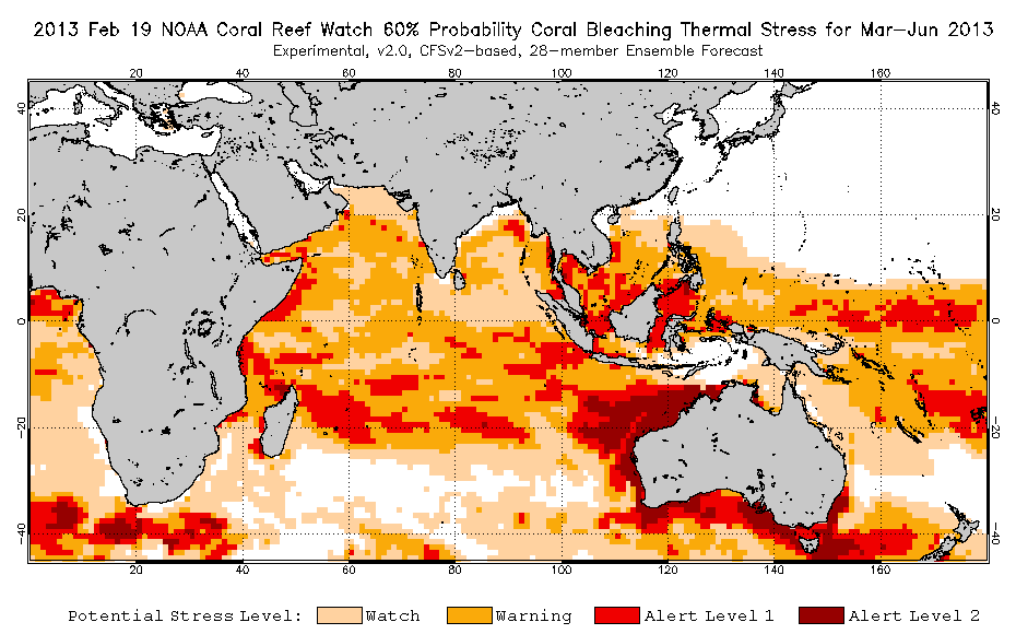 2013 February 19 coral bleaching thermal stress outlook (CFS-based)