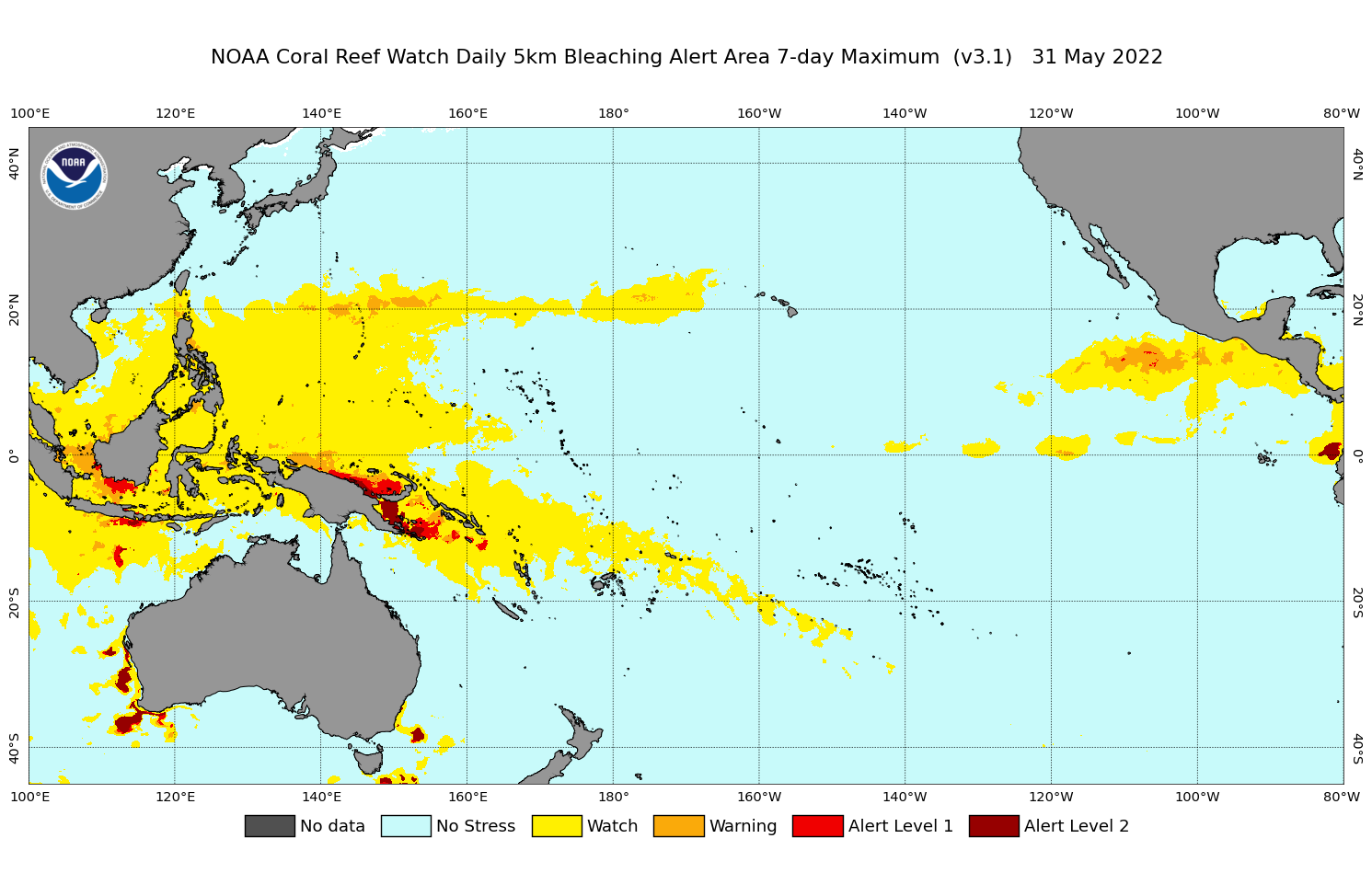 2022 May 31 7-day Maximum Composite Bleaching Alert Area map for the Pacific Ocean