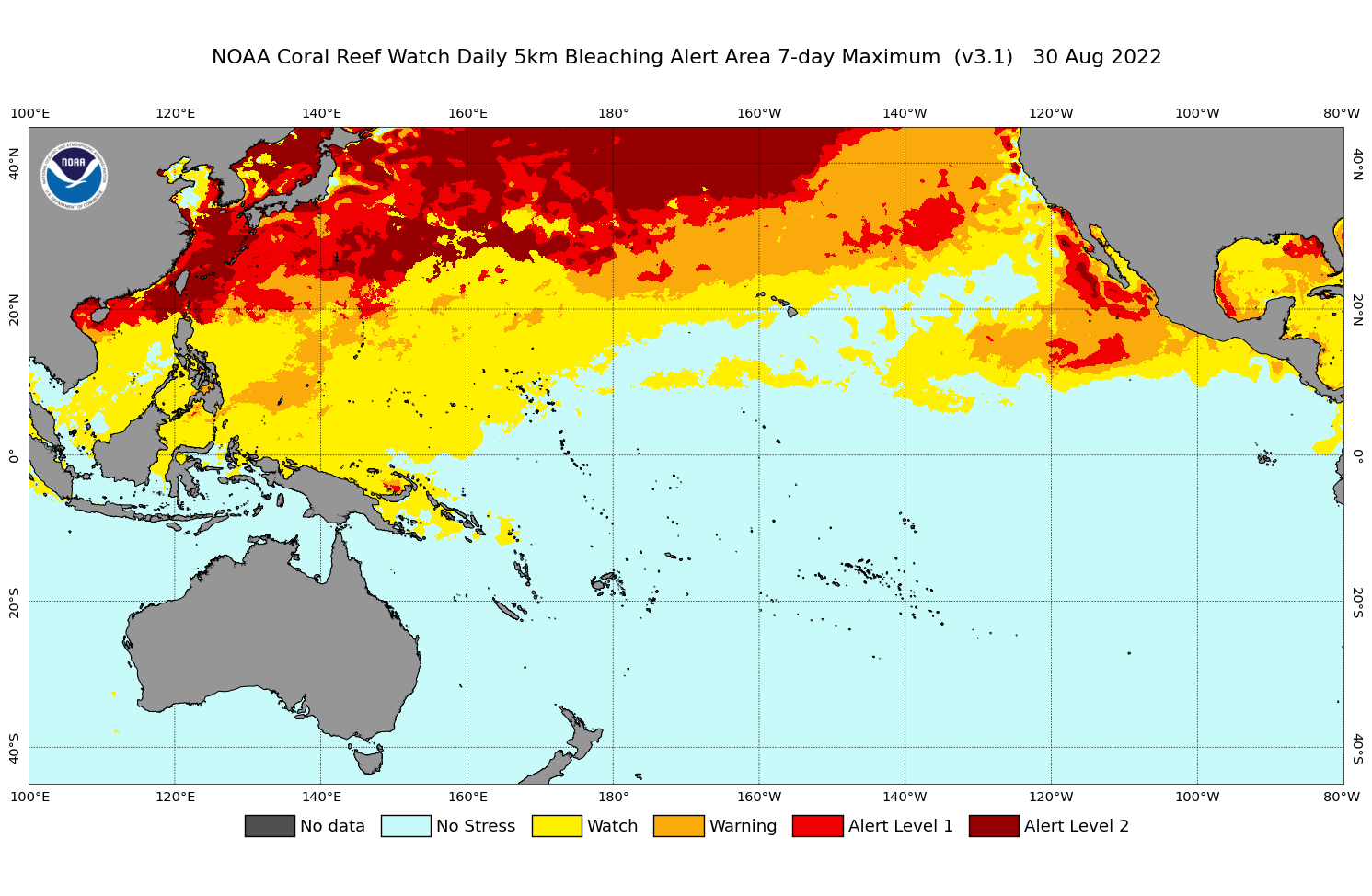 2022 Aug 30 7-day Maximum Composite Bleaching Alert Area map for the Pacific Ocean