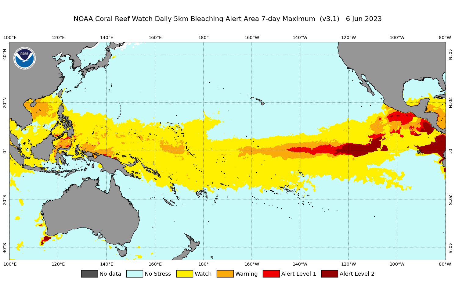 2023 Jun 06 7-day Maximum Composite Bleaching Alert Area map for the Pacific Ocean
