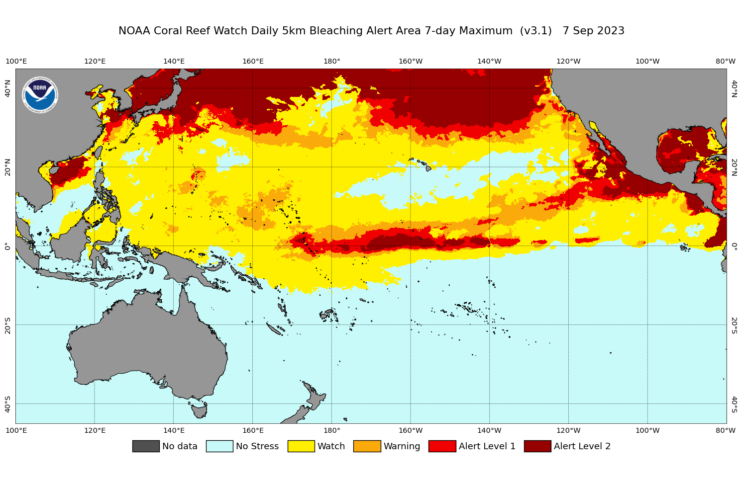 2023 Sep 07 7-day Maximum Composite Bleaching Alert Area map for the Pacific Ocean