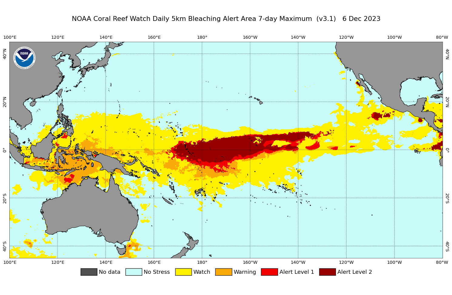 2023 Dec 06 7-day Maximum Composite Bleaching Alert Area map for the Pacific Ocean