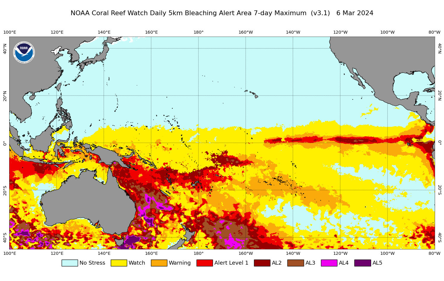 2024 Mar 06 7-day Maximum Composite Bleaching Alert Area map for the Pacific Ocean