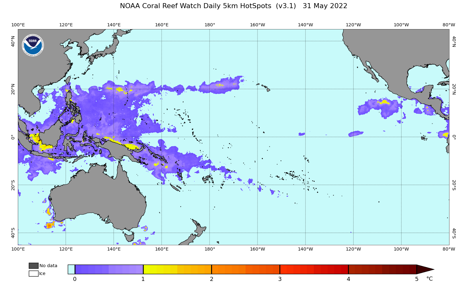 2022 May 31 Coral Bleaching HotSpots map for the Pacific Ocean