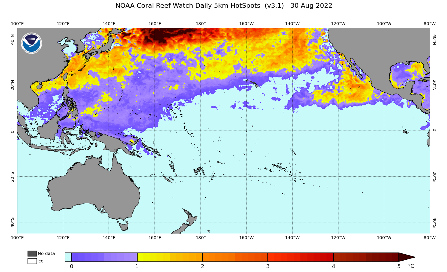 2022 Aug 30 Coral Bleaching HotSpots map for the Pacific Ocean