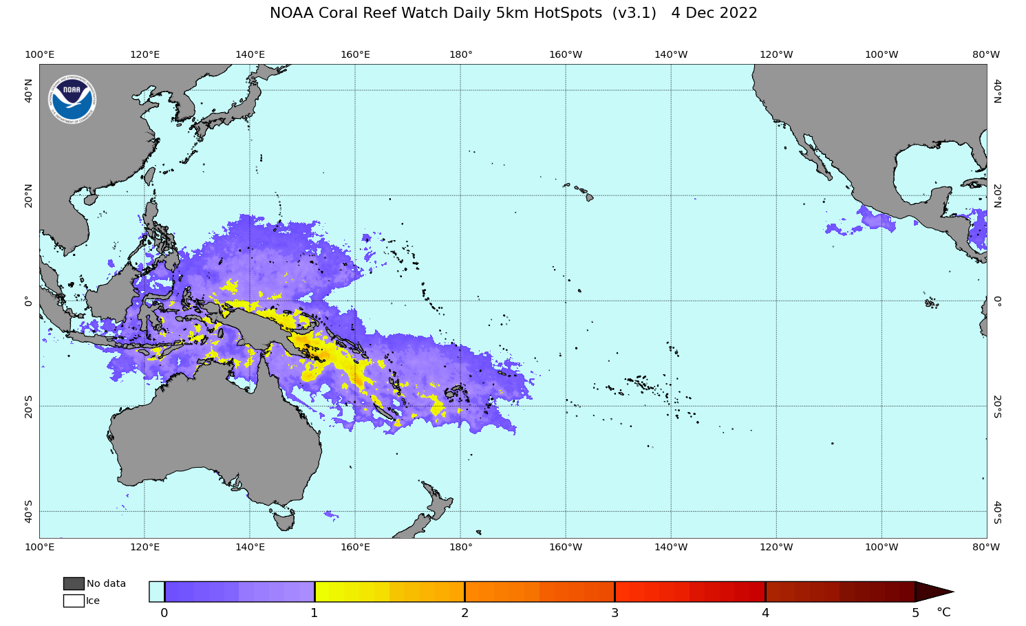 2022 Dec 04 Coral Bleaching HotSpots map for the Pacific Ocean