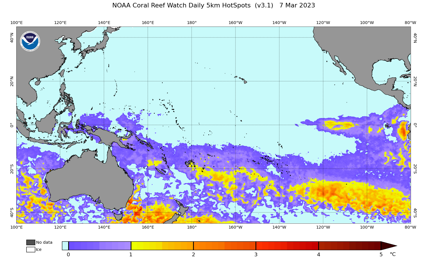 2023 Mar 07 Coral Bleaching HotSpots map for the Pacific Ocean