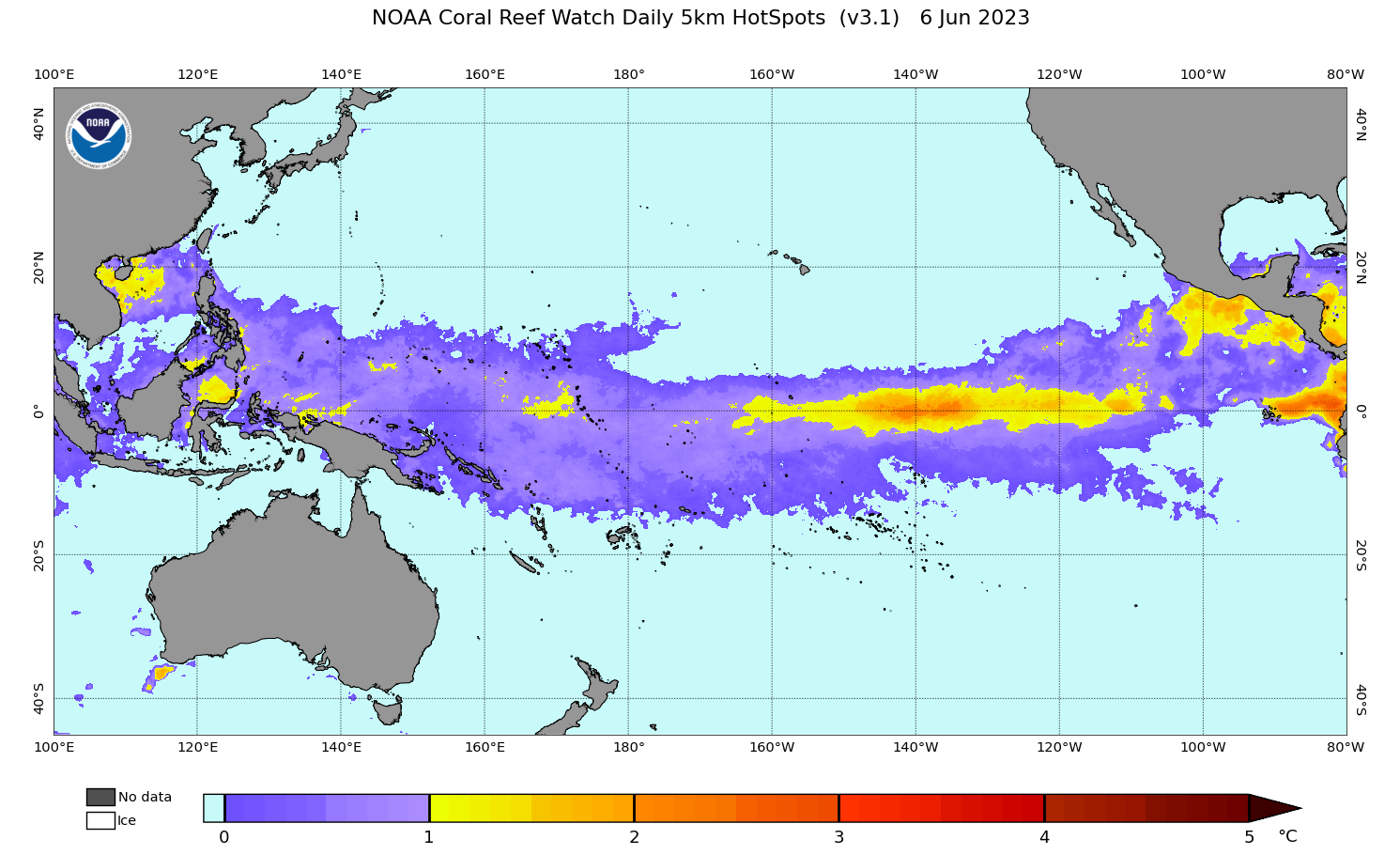 2023 Jun 06 Coral Bleaching HotSpots map for the Pacific Ocean