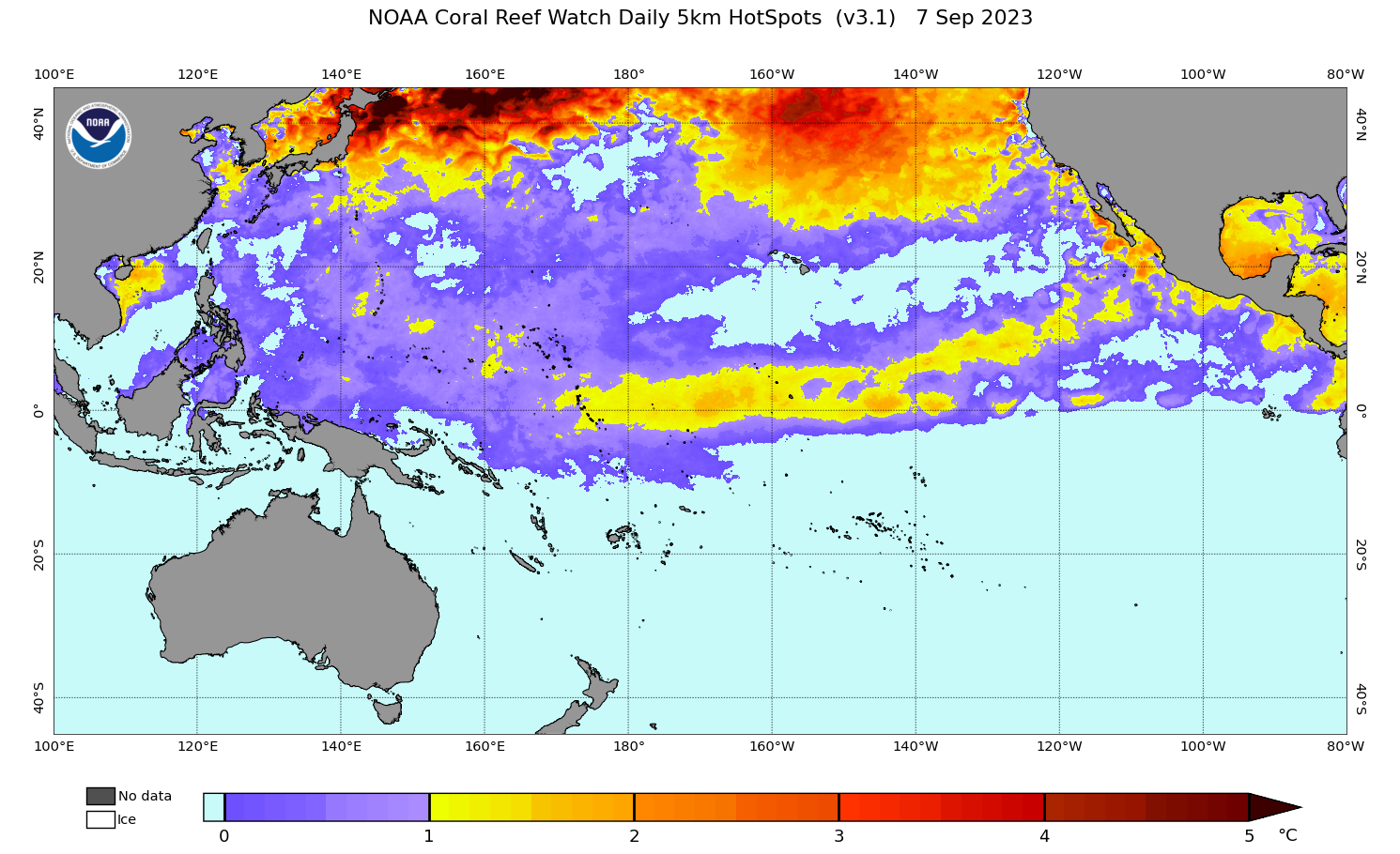 2023 Sep 07 Coral Bleaching HotSpots map for the Pacific Ocean
