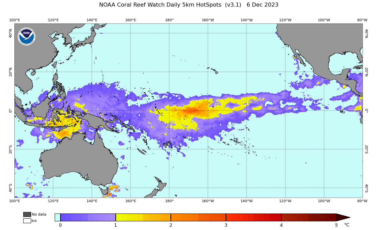 2023 Dec 06 Coral Bleaching HotSpots map for the Pacific Ocean