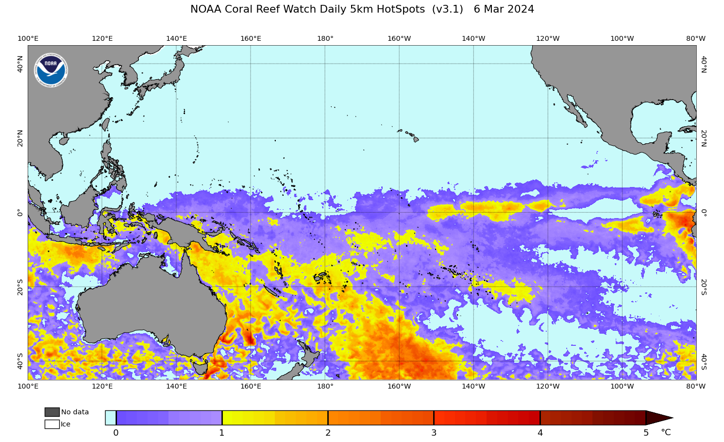 2024 Mar 06 Coral Bleaching HotSpots map for the Pacific Ocean