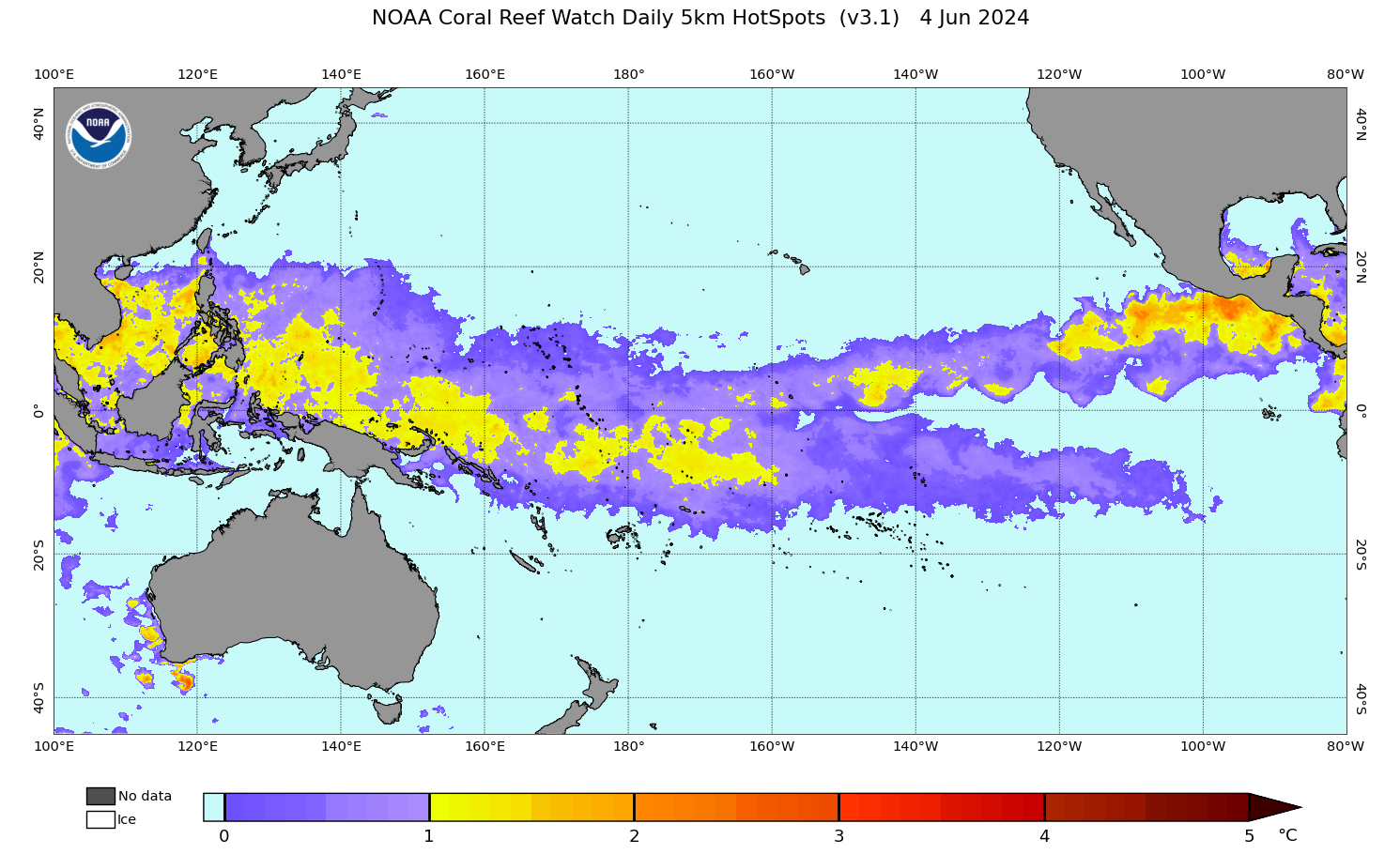 2024 Jun 04 Coral Bleaching HotSpots map for the Pacific Ocean