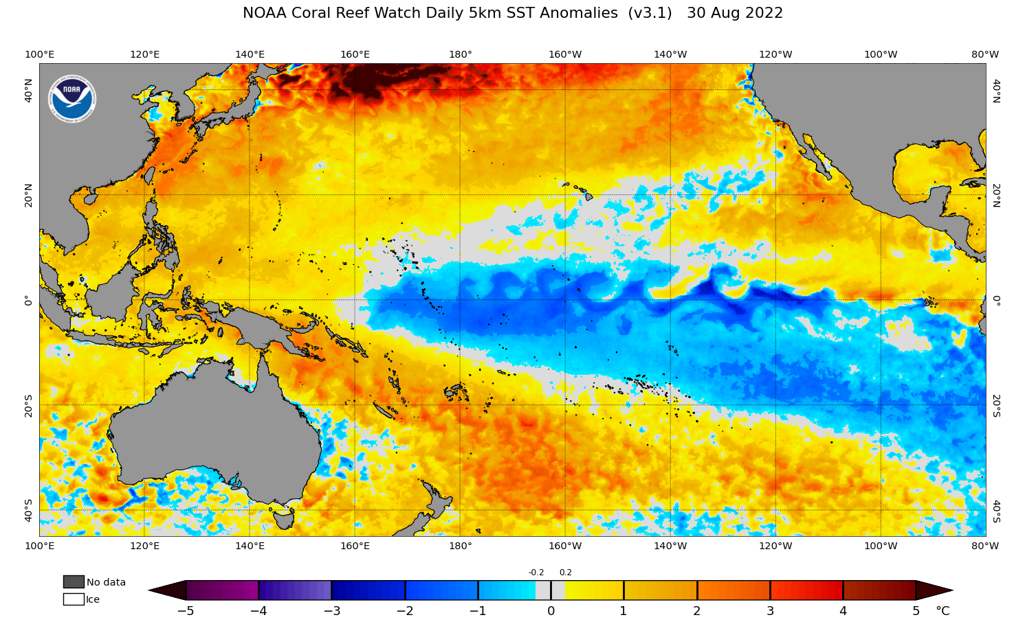 2022 Aug 30 SST Anomaly map for the Pacific Ocean