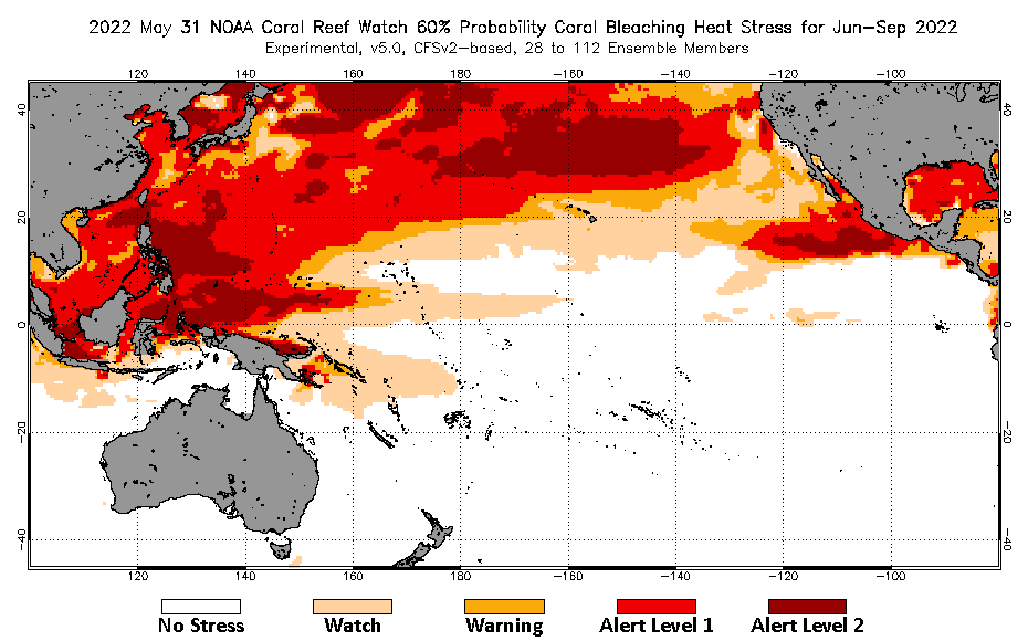 2022 May 31 Four-Month Bleaching Outlook map for the Pacific Ocean