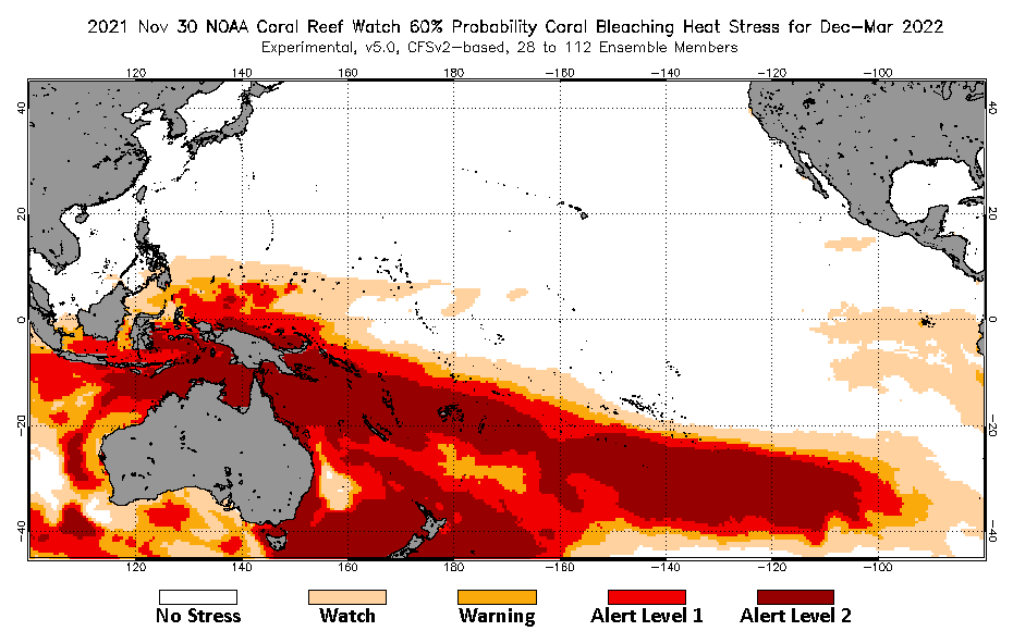 2021 Nov 30 Four-Month Bleaching Outlook map