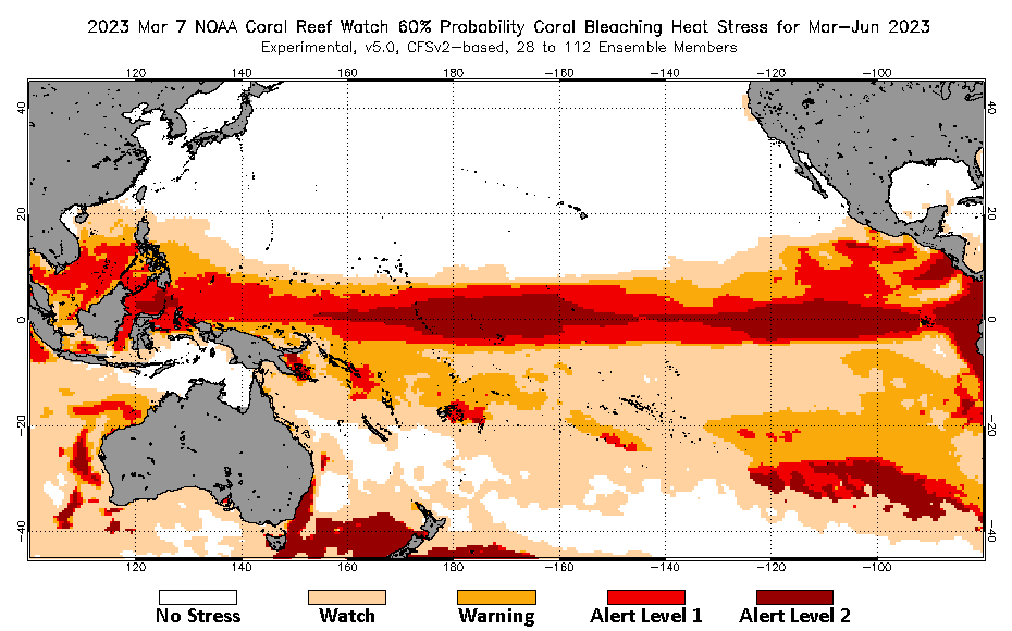 2023 Mar 07 Four-Month Bleaching Outlook map for the Pacific Ocean