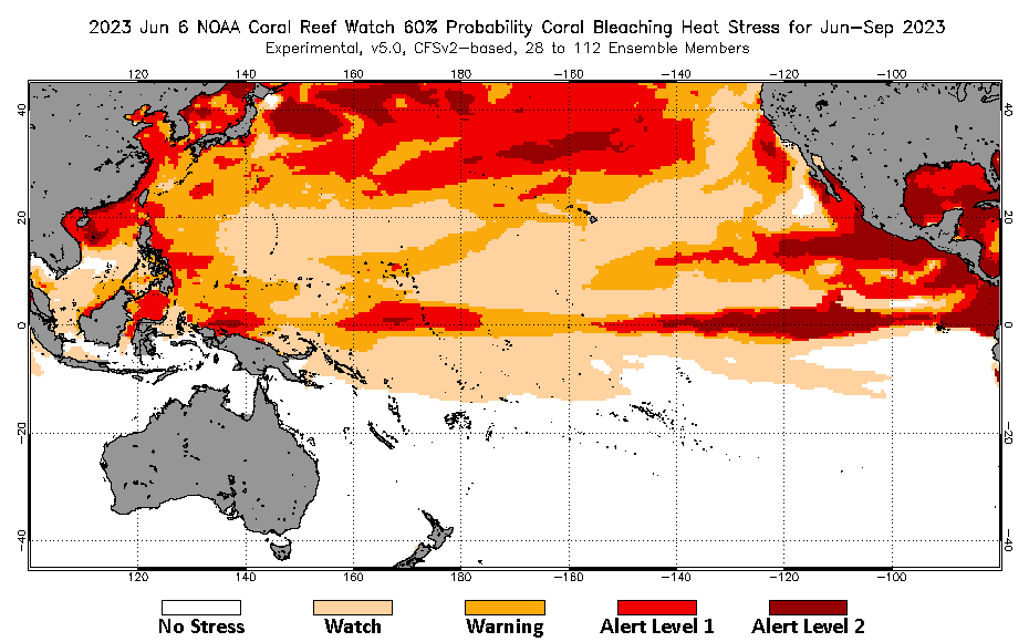 2023 Jun 06 Four-Month Bleaching Outlook map for the Pacific Ocean