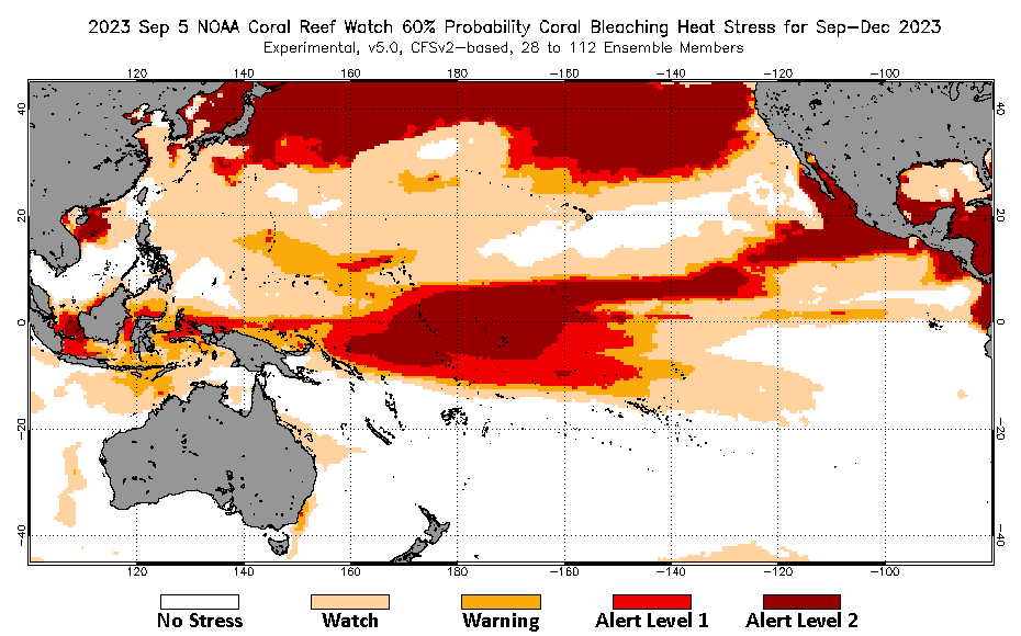 2023 Sep 05 Four-Month Bleaching Outlook map for the Pacific Ocean