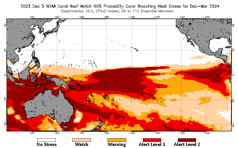 2023 Dec 05 Four-Month Bleaching Outlook map for the Pacific Ocean