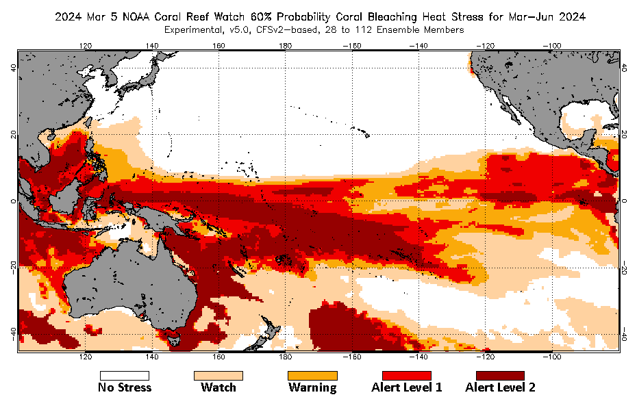 2024 Mar 05 Four-Month Bleaching Outlook map for the Pacific Ocean