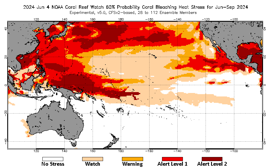 2024 Jun 04 Four-Month Bleaching Outlook map for the Pacific Ocean