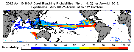 Current Bleaching Heat Stress Outlook Probability - Alert Levels 1 and 2