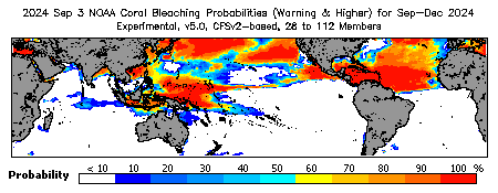 Current Bleaching Heat Stress Outlook Probability - Warning and higher