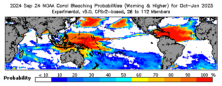 Current Bleaching Heat Stress Outlook Probability - Warning and higher