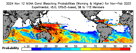 Current Bleaching Heat Stress Outlook Probability - Warning and higher