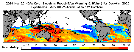 Current Bleaching Heat Stress Outlook Probability - Warning and higher
