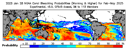 Current Bleaching Heat Stress Outlook Probability - Warning and higher