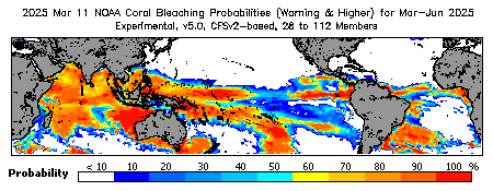 Current Bleaching Heat Stress Outlook Probability - Warning and higher