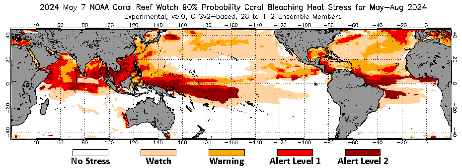 Current weekly global 90% Probability 4-Month Coral Bleaching Heat Stress Outlook image