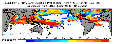 Current Four-Month Bleaching Heat Stress Outlook Probability - Alert Levels 1 and 2