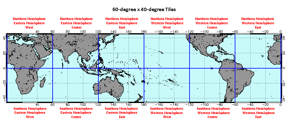 Layout of Coral Reef Watch 60-degree by 40-degree tile maps